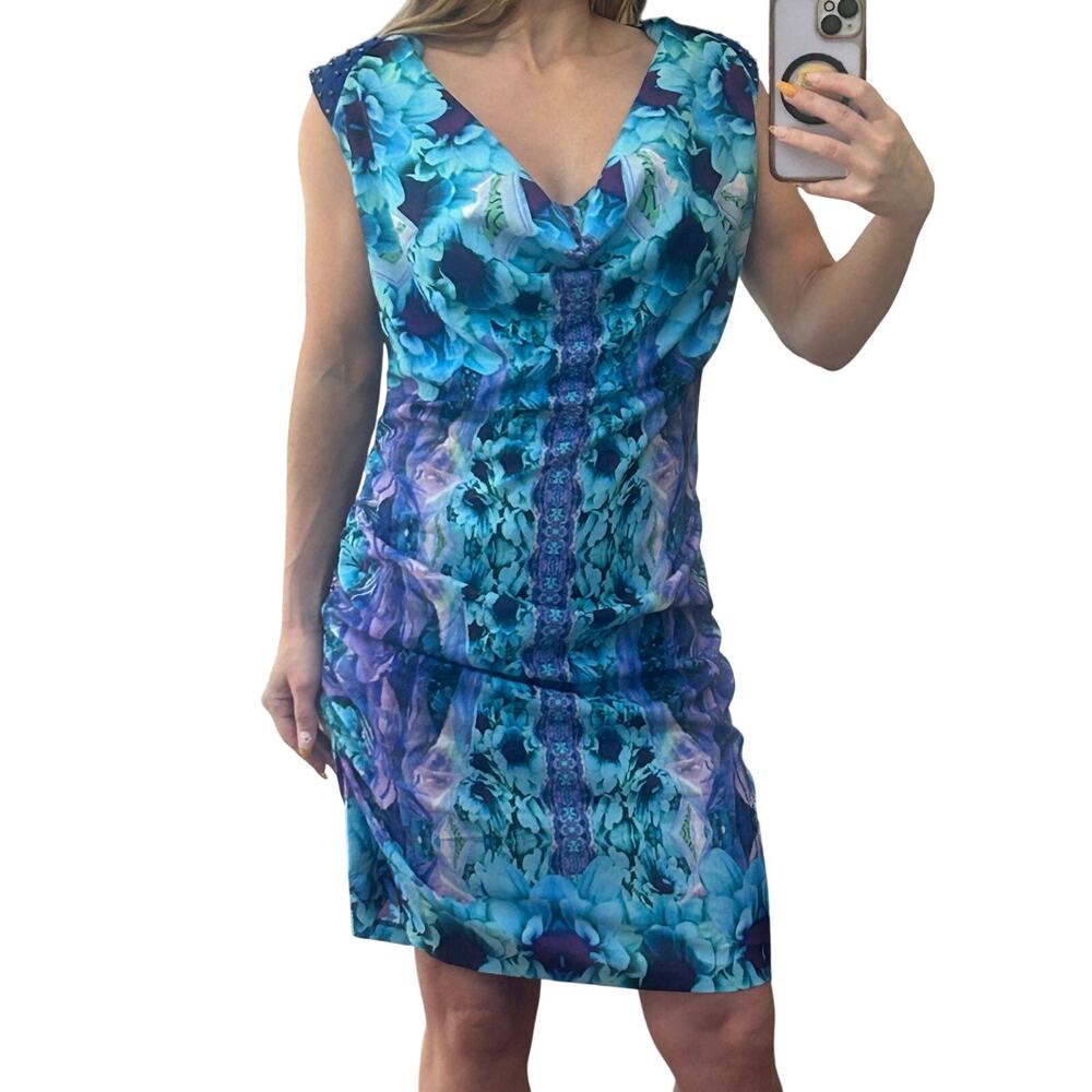 Custo Lowxury Blue Floral Digital Print Cowl Neck Ruched Party Dress Small 2/4